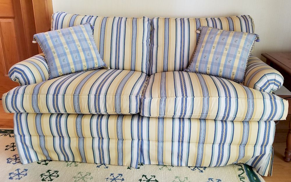 Appraisal: Yellow and Blue Stripe Upholstered Settee Exclusive on Bidsquare Yellow