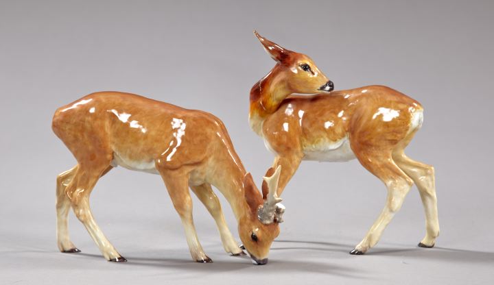 Appraisal: Pair of Meissen Porcelain Figures of Deer one a grazing