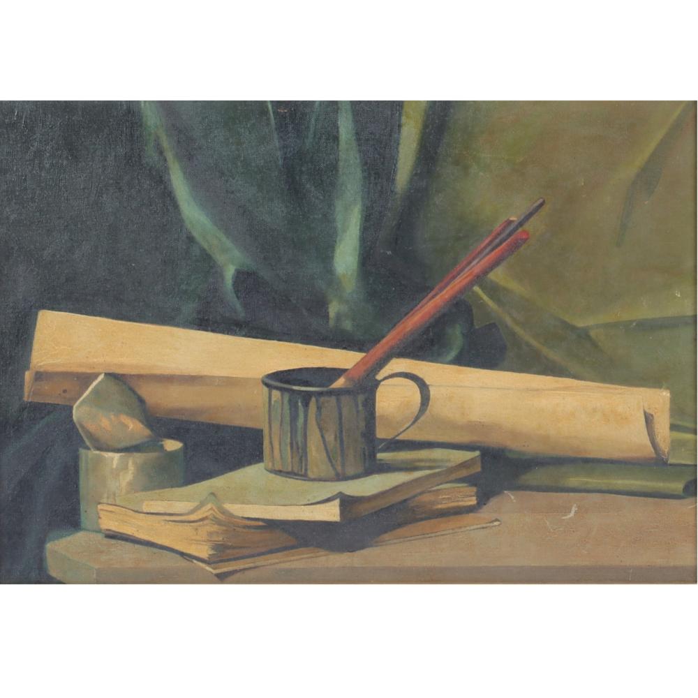 Appraisal: ARMAND LYON BELGIAN B ARTIST STUDIO STILL LIFE WITH BRUSHES