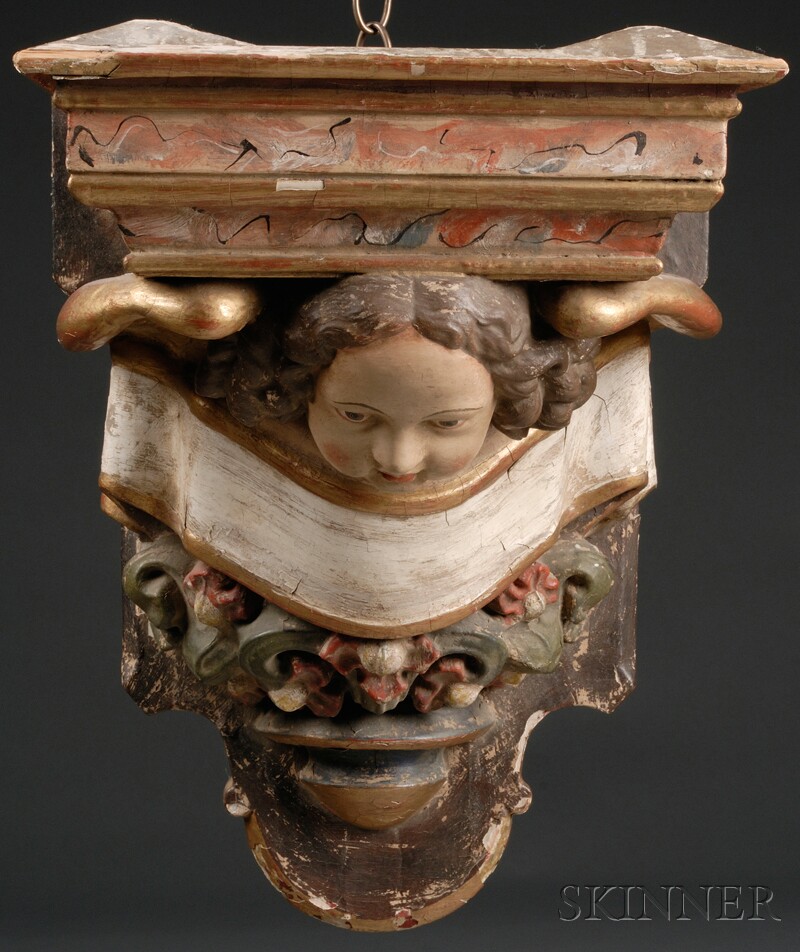 Appraisal: German Polychrome Carved Wood Bracket the square molded pediment supported