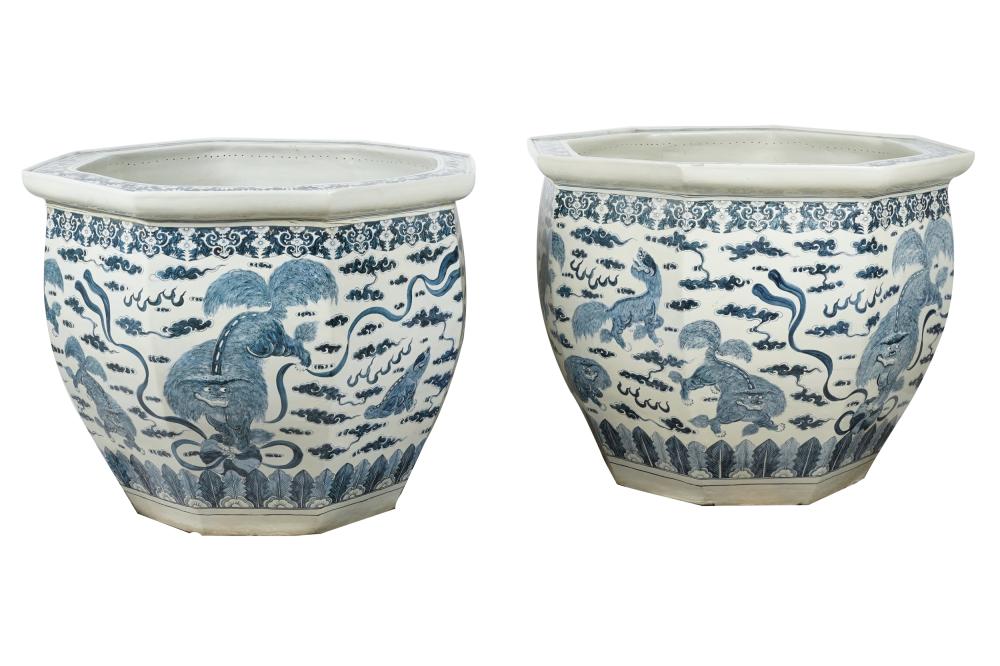 Appraisal: PAIR OF CHINESE BLUE WHITE CERAMIC PLANTERSProvenance The Estate of