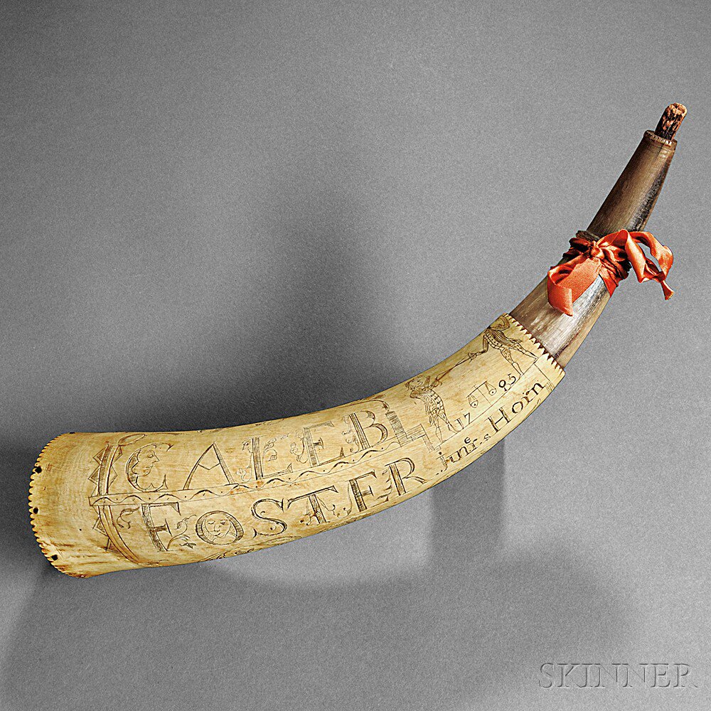 Appraisal: Engraved Powder Horn c with chip-carved spout extending to the