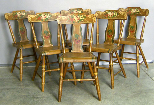 Appraisal: Set of painted plank seat chairs th c