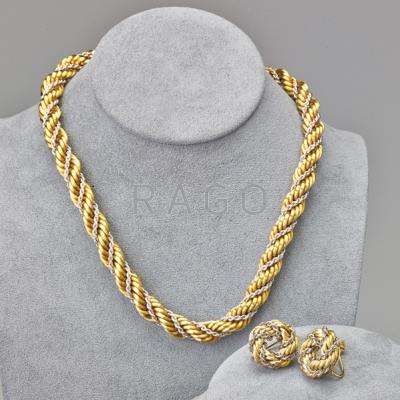 Appraisal: ITALIAN K BICOLOR GOLD ROPE NECKLACE EARRINGS Necklace mm Pair