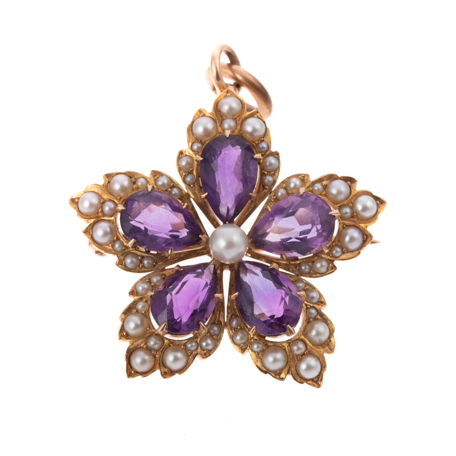 Appraisal: A SEED PEARL AMETHYST FLOWER PIN PENDANT IN K K