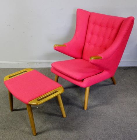 Appraisal: Contemporary Papa Bear Style Chair Ottoman Pink upholstery and blonde