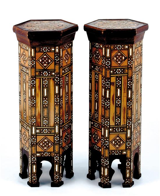 Appraisal: Pair Anglo-Indian inlaid plant stands hexagonal form with intricate geometric