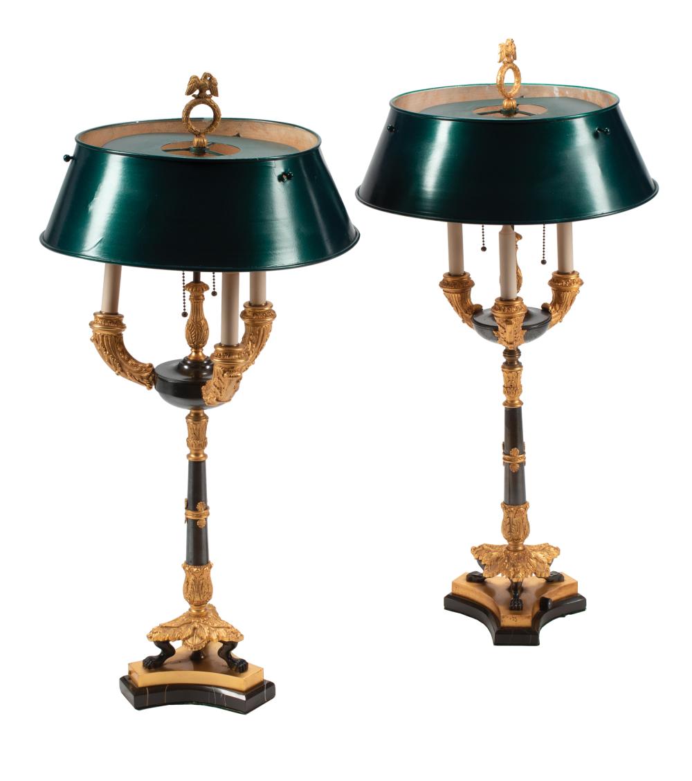 Appraisal: Pair of Empire-Style Gilt and Patinated Bronze Three-Light Candelabra Lamps