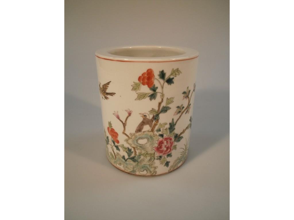 Appraisal: A Chinese cylindrical brush pot painted with famille rose decoration