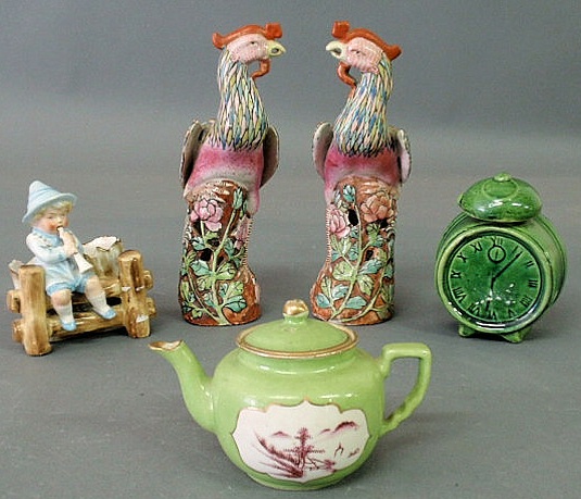 Appraisal: Five pieces of porcelain- two birds marked China teapot green