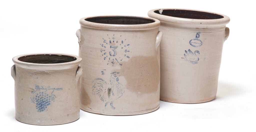 Appraisal: THREE AMERICAN STONEWARE CROCKS Second half th century Impressed swan