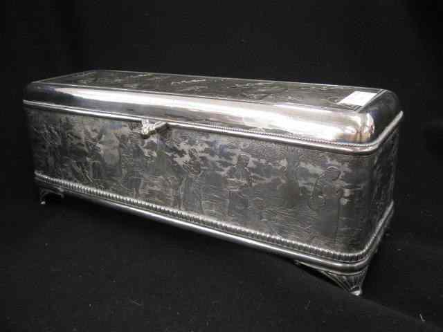 Appraisal: Victorian Silverplate Dresser Box villagers at harvest time morning glory