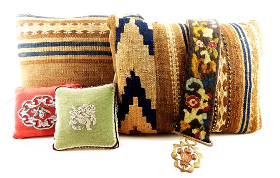 Appraisal: Needlepoint and embroidered textiles five pieces four pillows pair embroidered