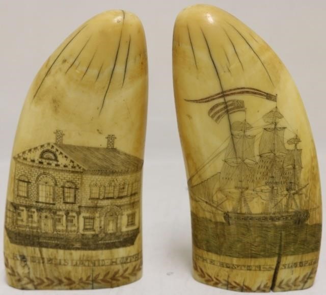 Appraisal: MID- TH C SCRIMSHAW WHALE TEETH ONEDEPICTS THE BOSTON SLOOP