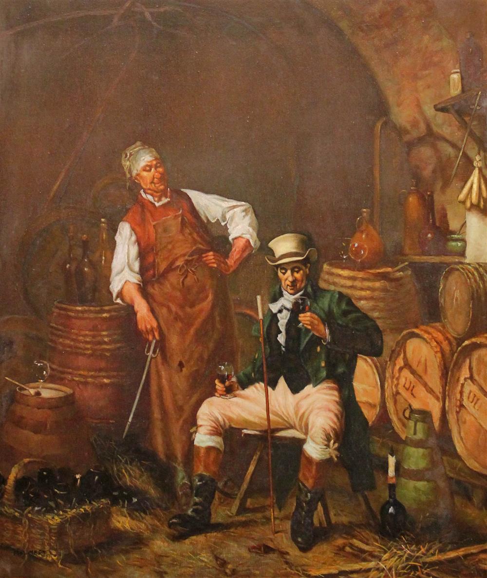 Appraisal: HOLMERT TH CENTURY TASTING IN WINE CELLAR Oil on canvas