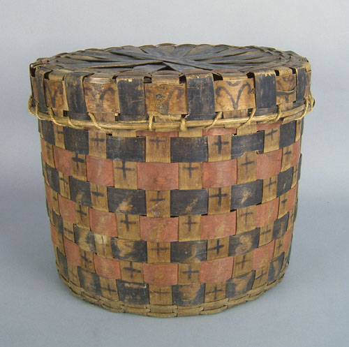 Appraisal: Maine Indian round splint basket with black and red decoration