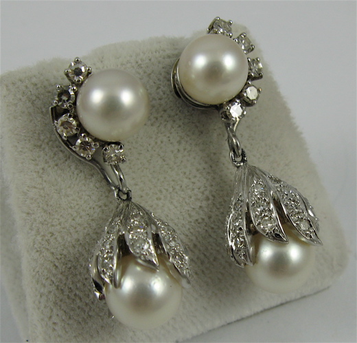 Appraisal: PAIR OF PEARL AND DIAMOND EARRINGS Each K white gold