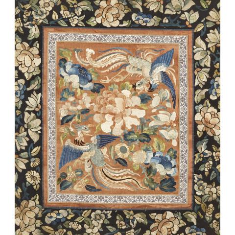 Appraisal: An Embroidered Two Phoenix Panel th Century Finely embroidered with