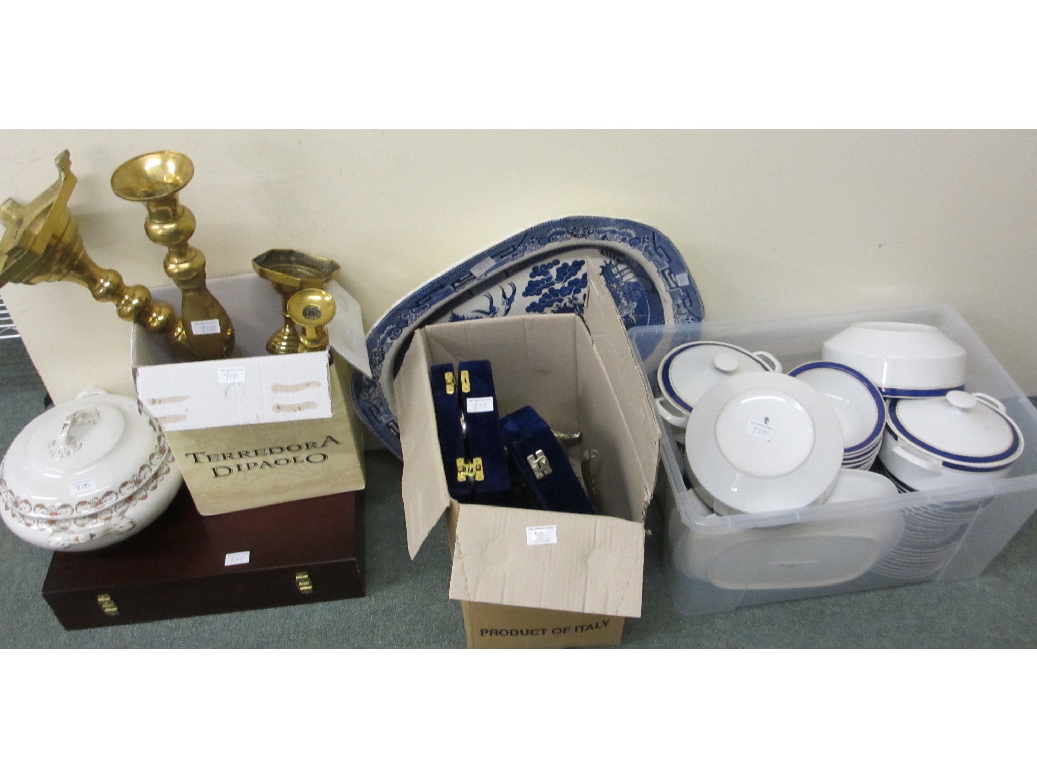 Appraisal: Dinner set cased cutlery brass candlesticks blue and white ashet