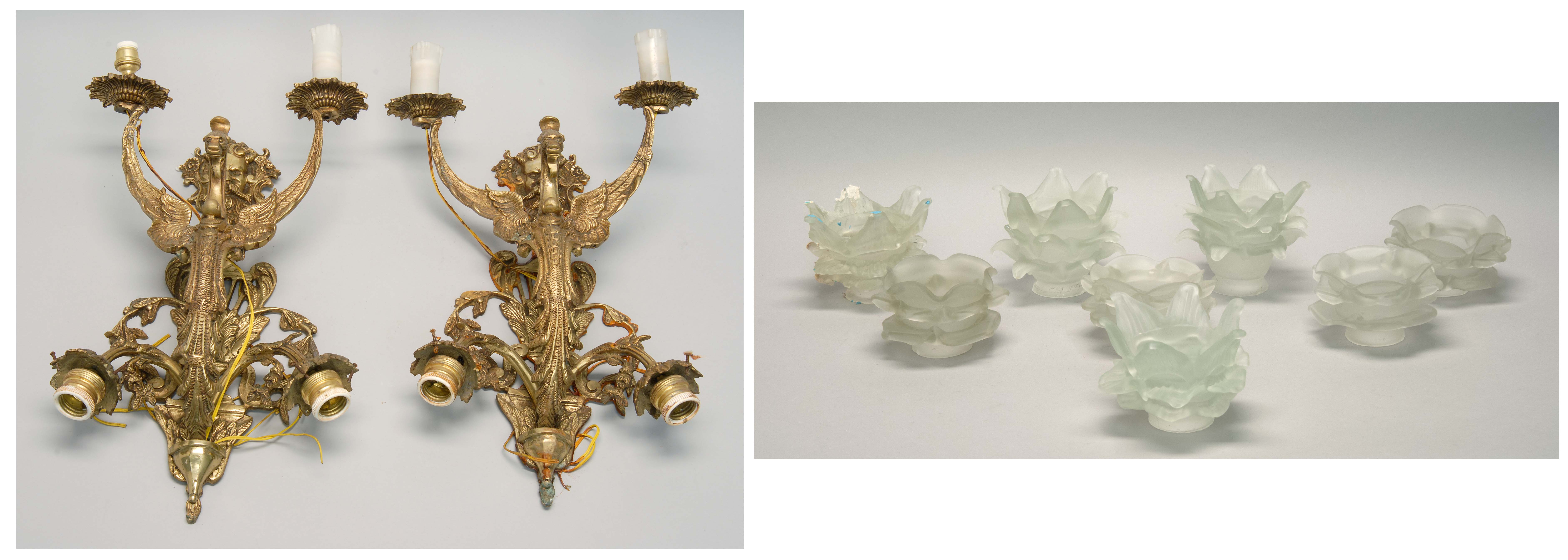 Appraisal: PAIR OF GILT-METAL FOUR-SOCLE SCONCES with dragon and North Wind