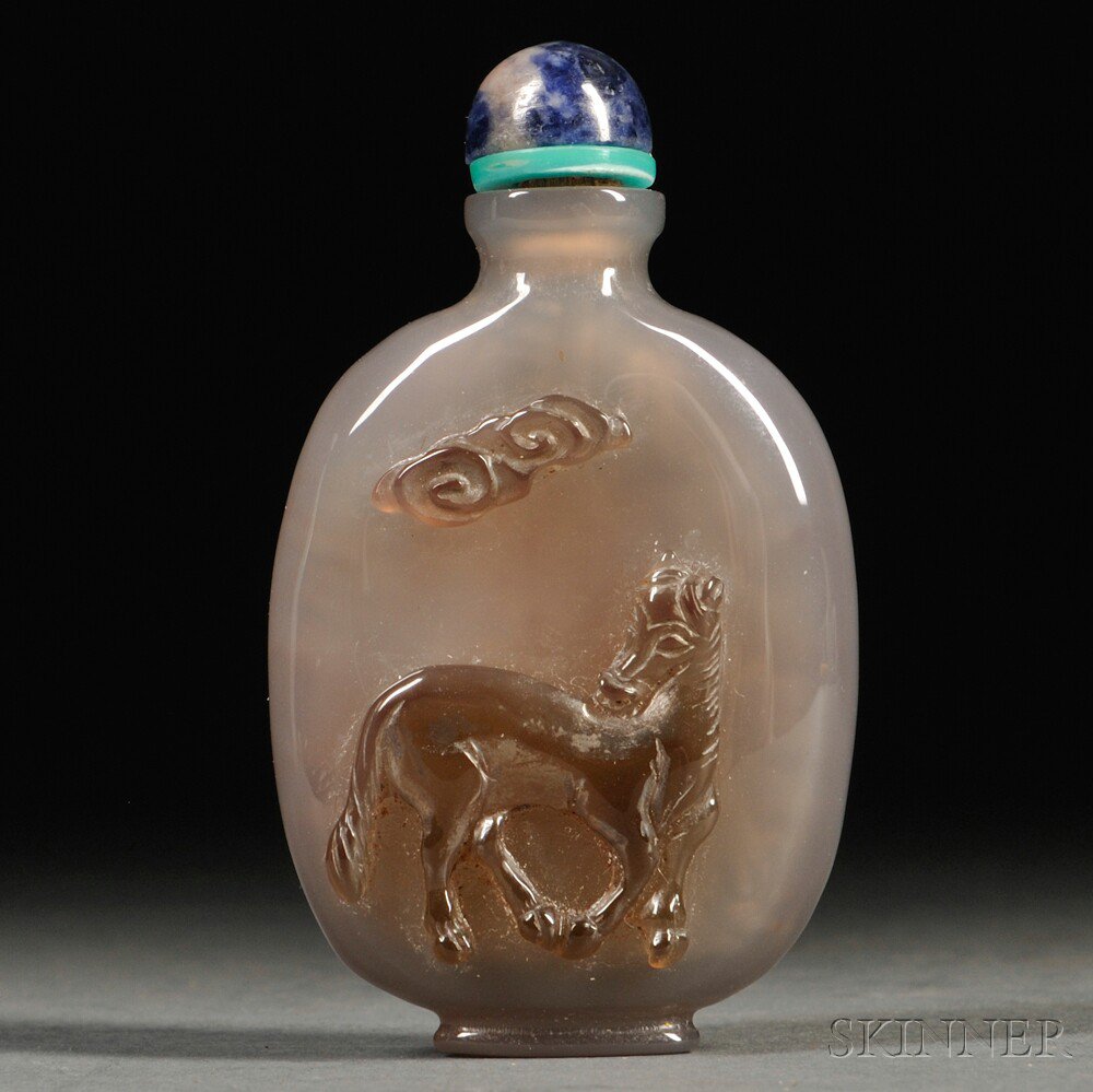 Appraisal: Cameo Agate Snuff Bottle China rounded rectangular form depicting with