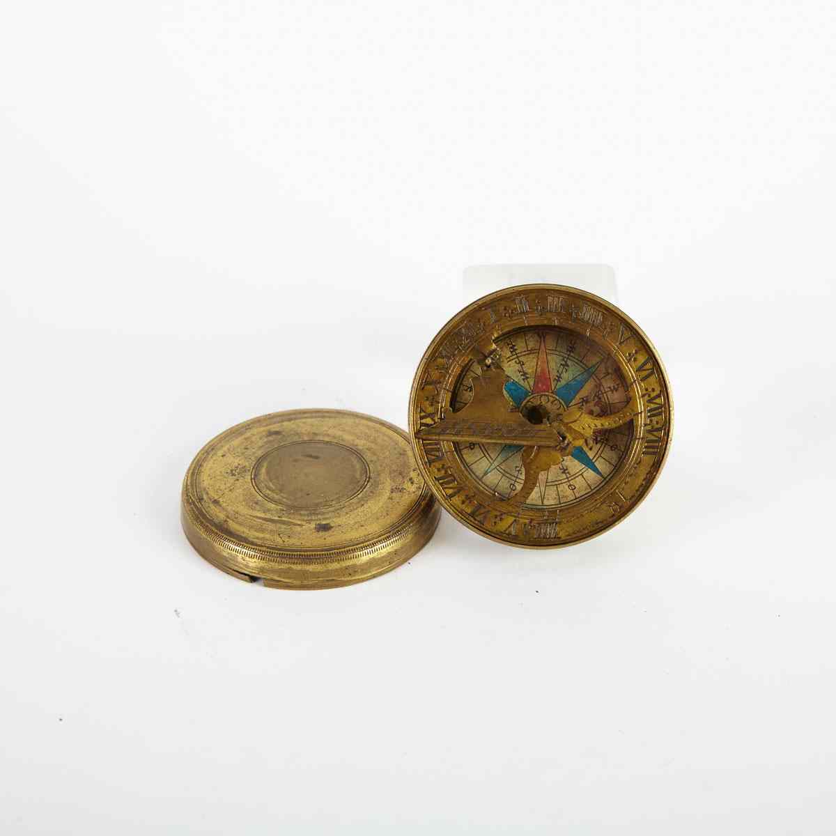 Appraisal: German Gilt Brass Pocket Sundial Compass th century signed IR