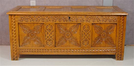 Appraisal: Carved Oak Elizabethan Style Paneled Chest Circa Carved stiles with