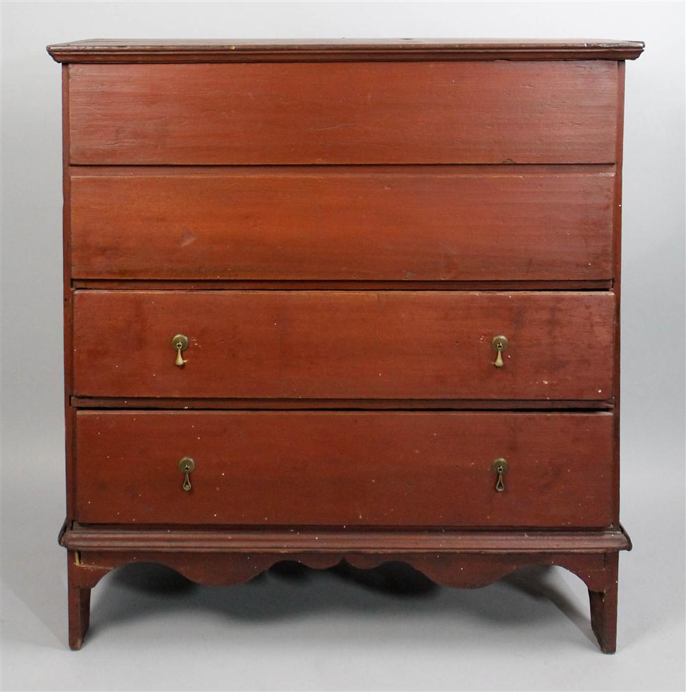 Appraisal: RED PAINTED PINE MULE CHEST WITH BOOT JACK LEGS early