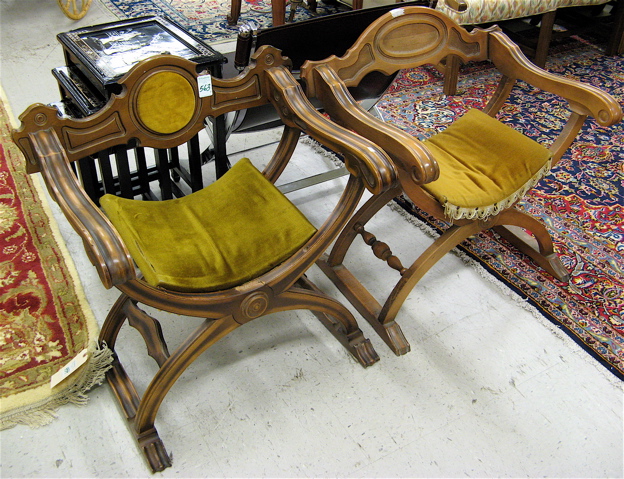 Appraisal: TWO SAVONAROLA ARMCHAIRS AND TWO PEDESTAL PLANTSTANDS Italian Renaissance style