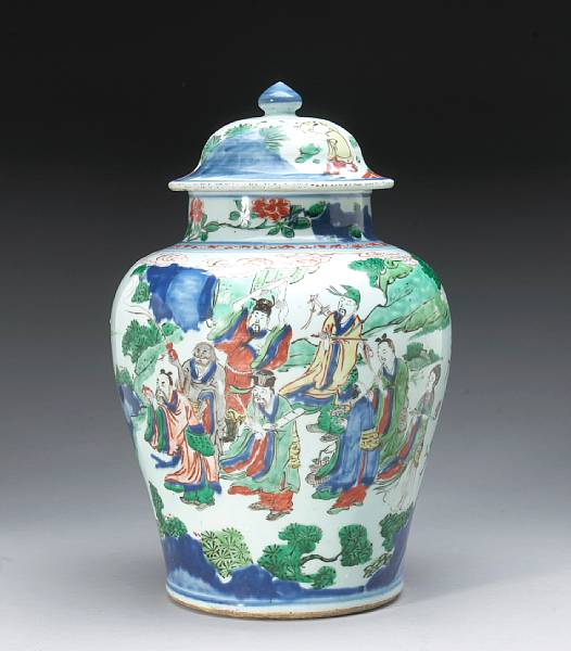 Appraisal: A wucai enameled porcelain covered jar th Century Freely painted