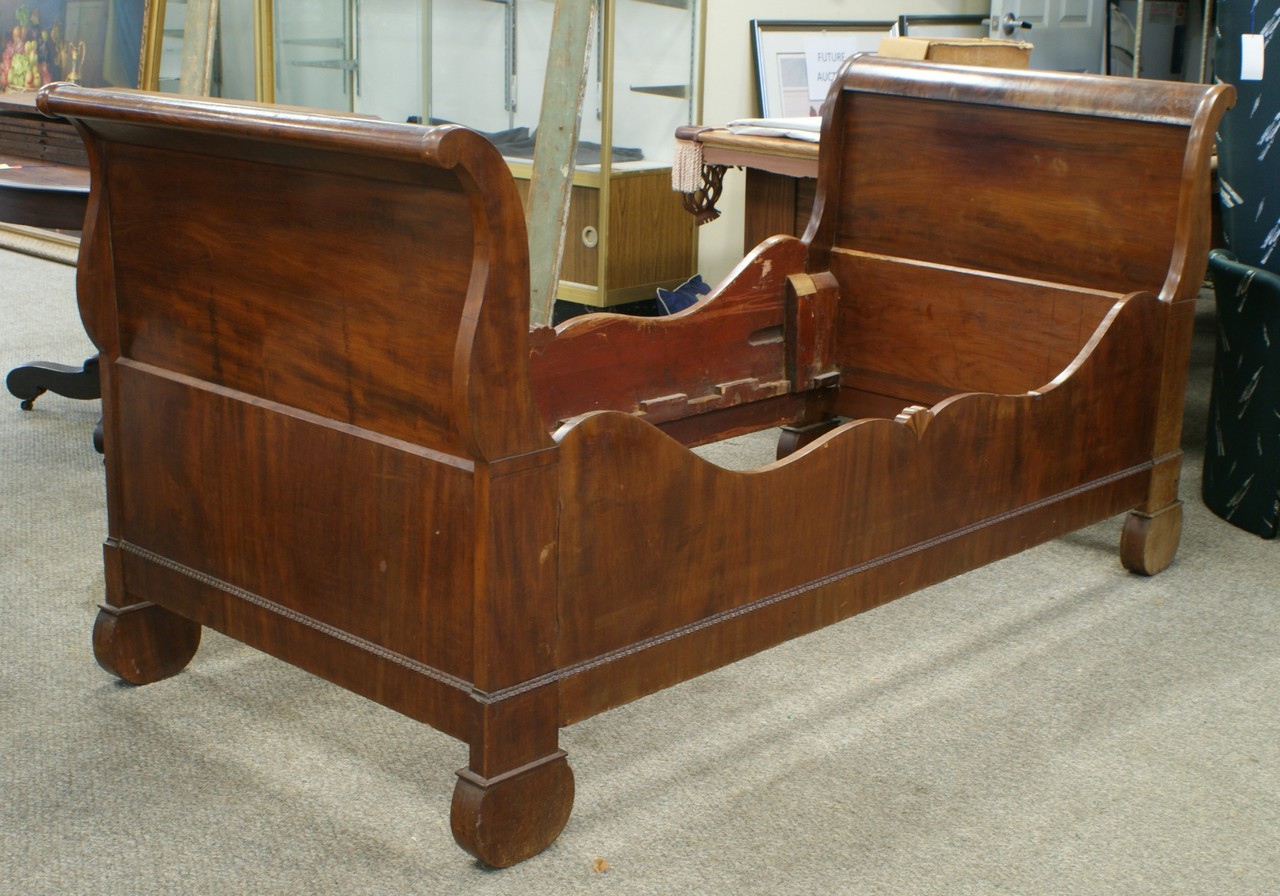 Appraisal: Mahogany Empire youth sleigh bed custom bedding x x overall