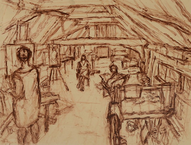 Appraisal: SARGY MANN b The artist's studio signed brown wash drawing