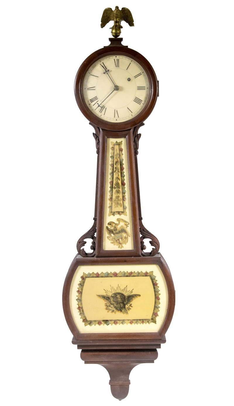 Appraisal: TH C BANJO CLOCK Weight-Driven in mahogany case with reticulated