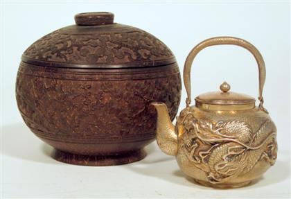 Appraisal: Chinese Export carved nut box and silver teapot th century