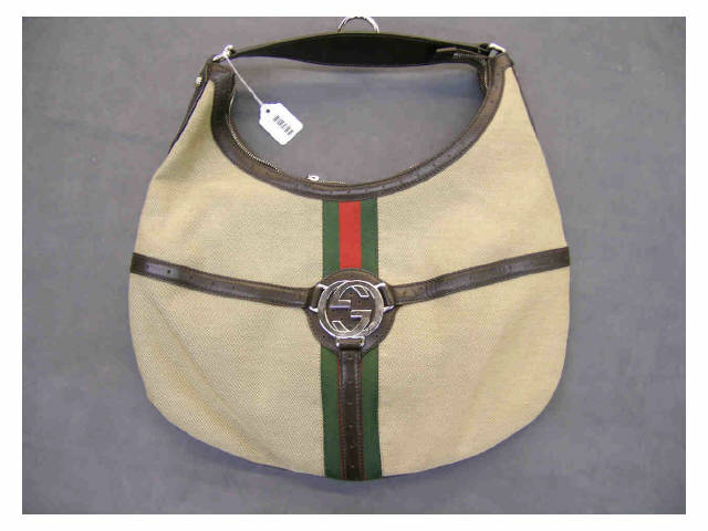 Appraisal: Gucci handbag fabric and leather tan with red and green