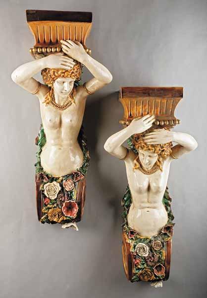 Appraisal: A Pair of Monumental Continental Majolica Figural Brackets late th