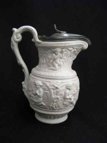 Appraisal: English Salt Glaze Syrup Pitcher bas-relief scenes with cherubs pewter