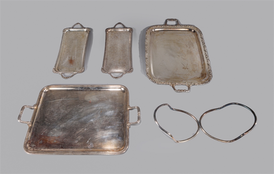 Appraisal: Group of five silver plate serving trays and serving stand