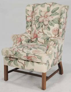 Appraisal: Wing Back Chair Chippendale style upholstered silk floral - in