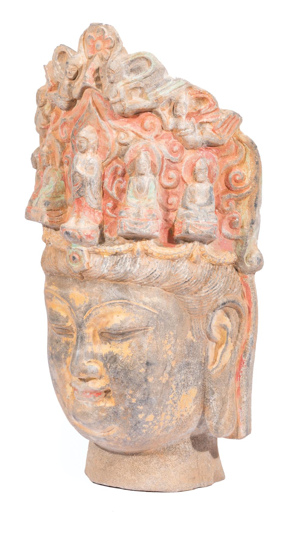 Appraisal: Chinese Carved and Polychromed Stone Head of Guanyin h in