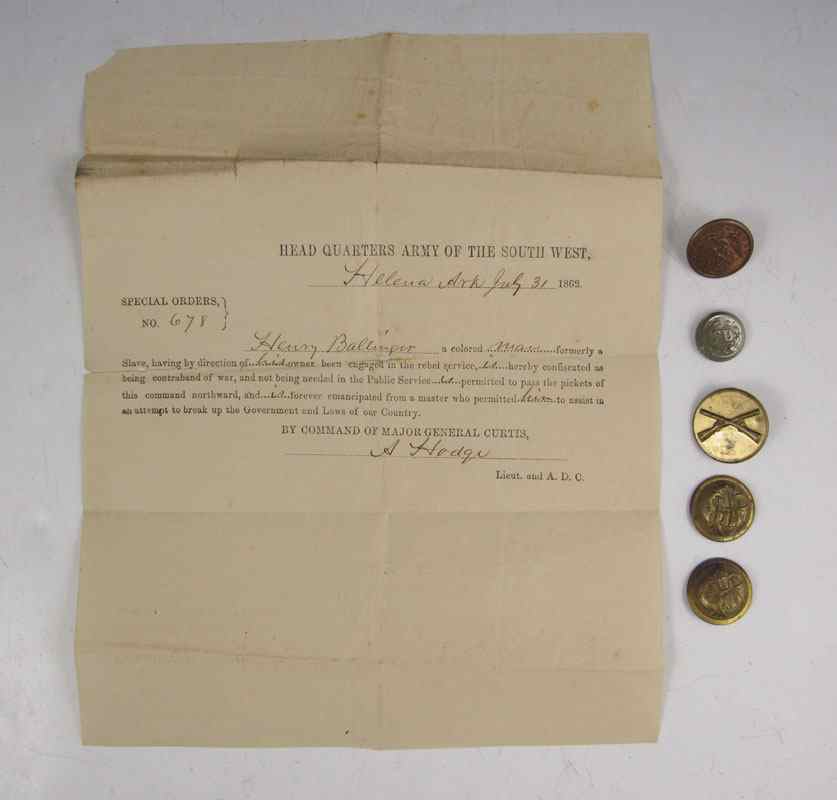 Appraisal: CIVIL WAR EMANCIPATION BUTTONS Special Orders for safe passage for