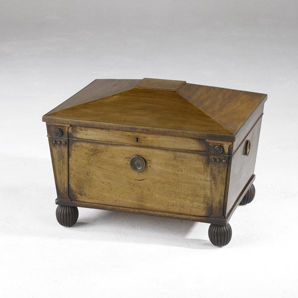 Appraisal: ENGLISH REGENCY WINE COOLER Paneled mahogany with carved ball feet