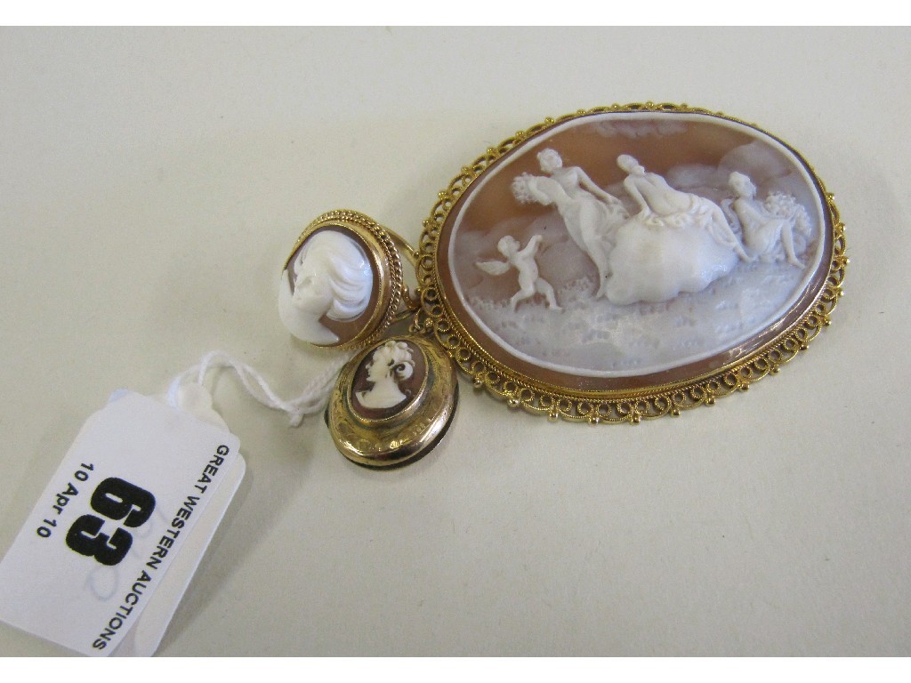 Appraisal: Lot comprising ct gold mounted cameo brooch ct gold cameo