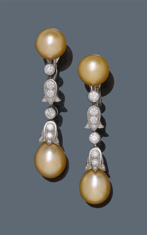 Appraisal: PEARL AND DIAMOND EAR PENDANTS CARTIER Platinum Fancy ear clips