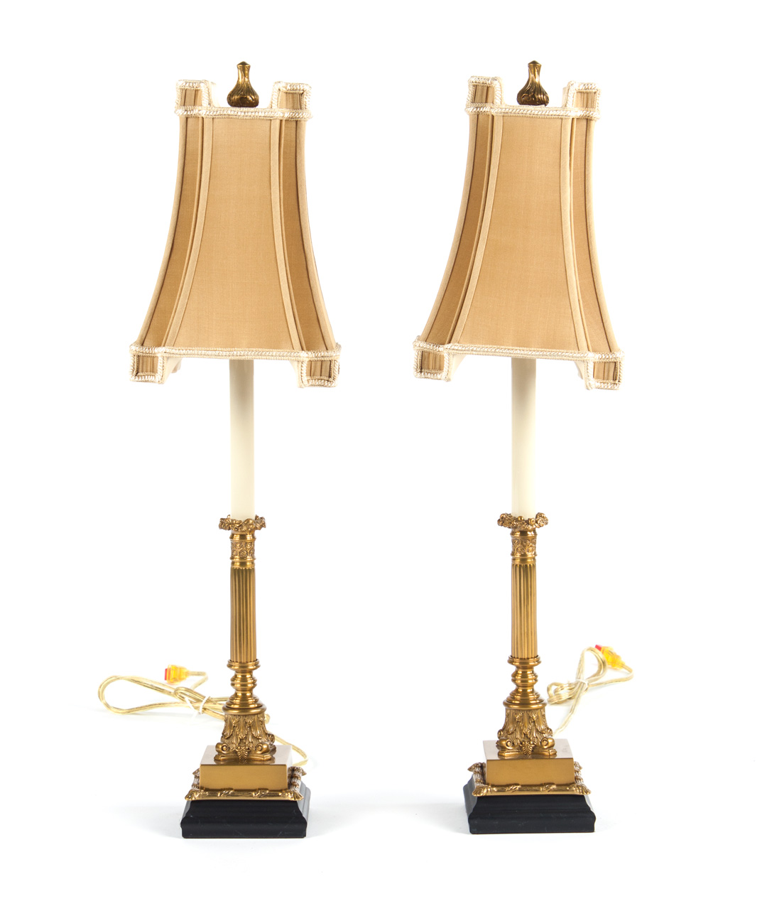 Appraisal: Pair of Regency style brass candlestick lamps with gold silk