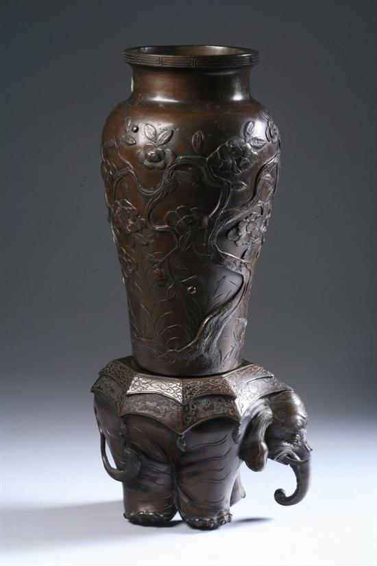 Appraisal: TWO-PIECE JAPANESE BRONZE VASE with elephant-form base - in high