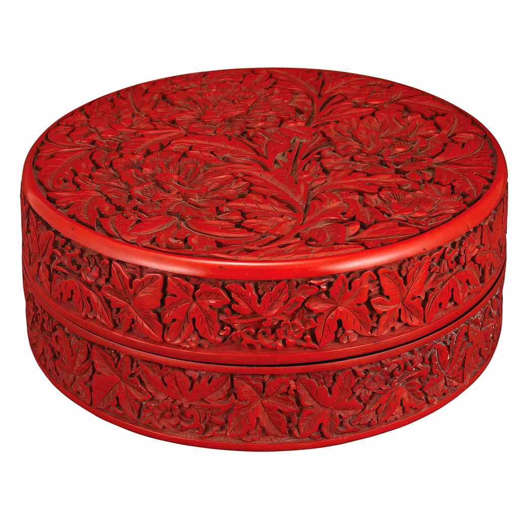 Appraisal: Chinese Cinnabar Lacquer Circular Box th Century Deeply carved on