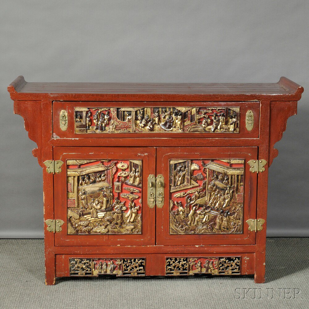 Appraisal: Red and Gilt Lacquer Altar Cabinet China th century the