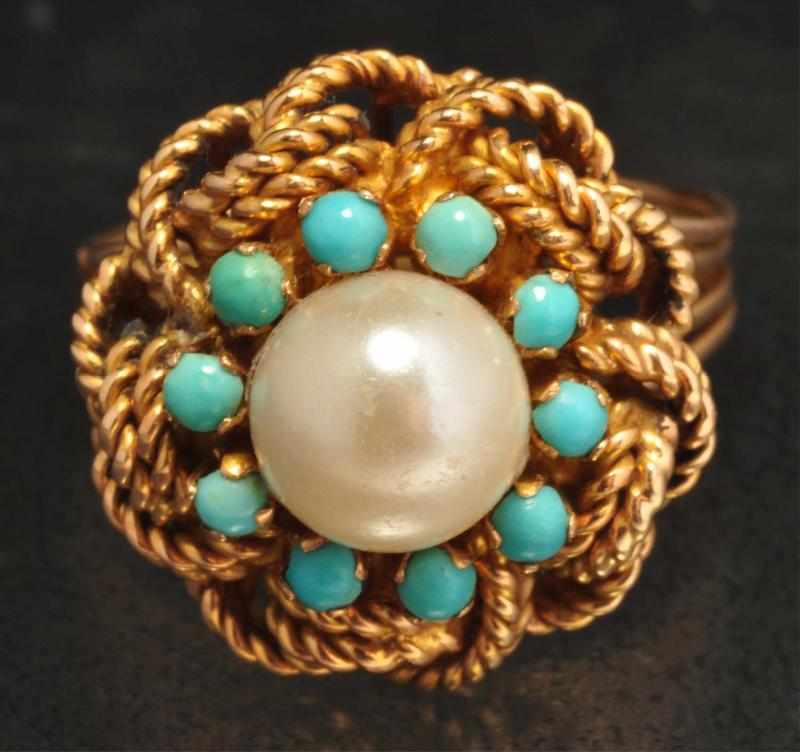 Appraisal: K Y Gold Turquoise Pearl Ring Description Turquoise mm Condition