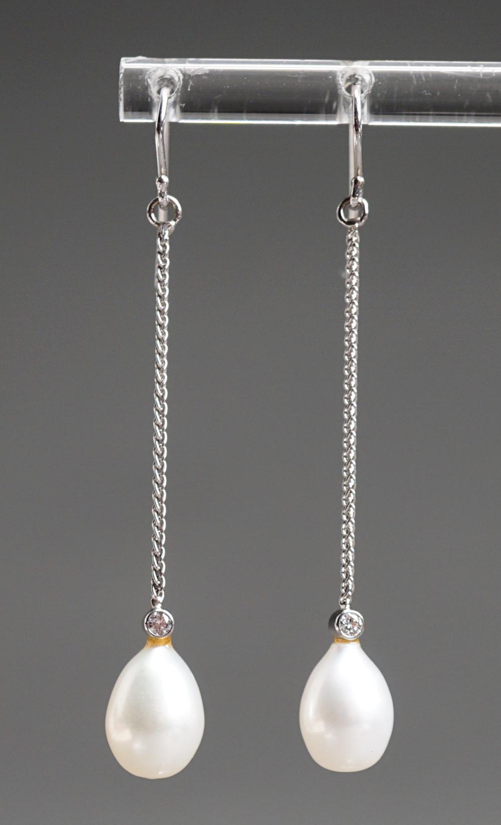 Appraisal: Pair of Modern -Karat White-Gold Pearl and Diamond Drop Pierced